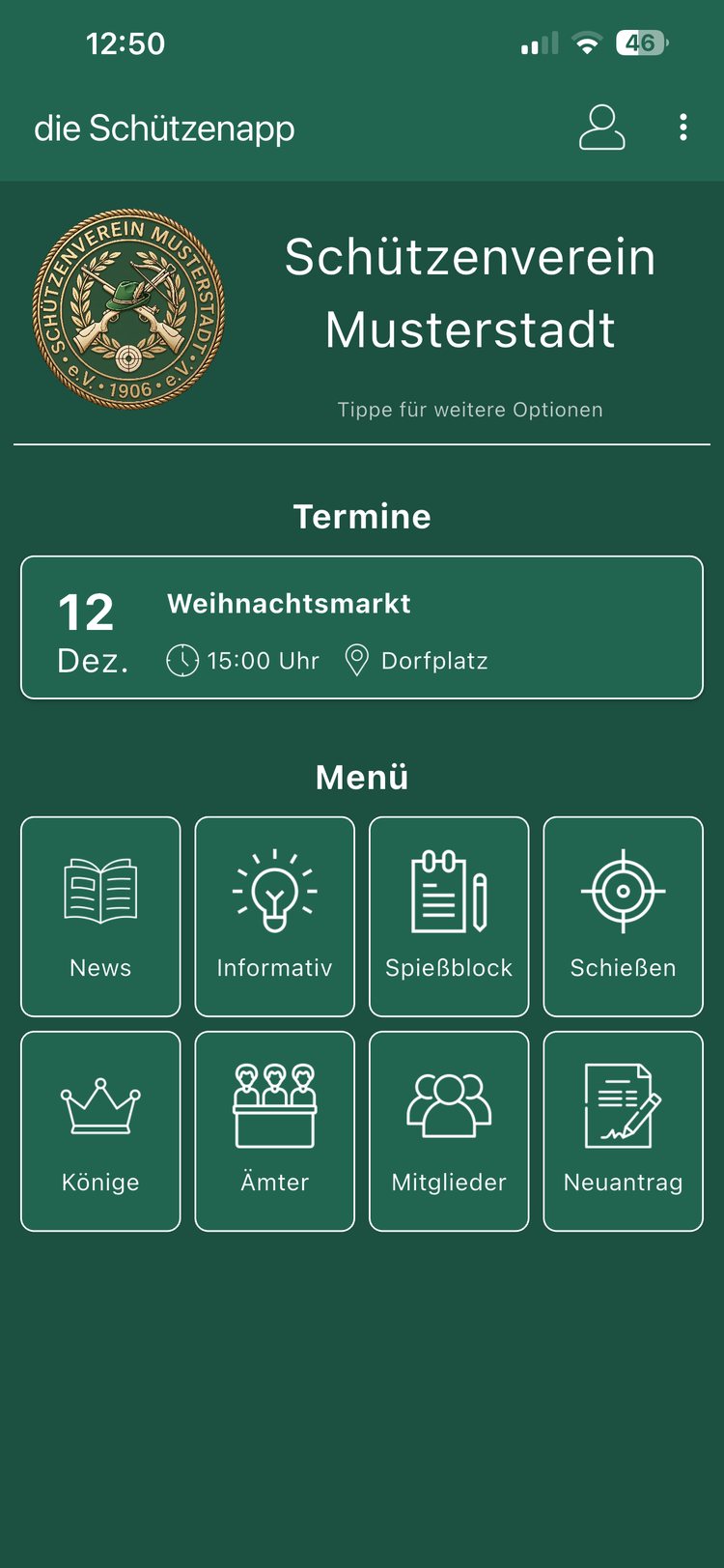 Startseite der Schützenapp: Vereinsname mit Wappen, der nächste Termin und das Menü mit News, Informativ, Spießblock, Schießen, Könige, Ämter, Mitglieder und Neuantrag.